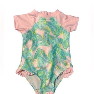FLOATIMINI BABY GIRL PINK & TEAL TROPICAL ONE PIECE SWIMSUIT SIZE 24 MONTHS